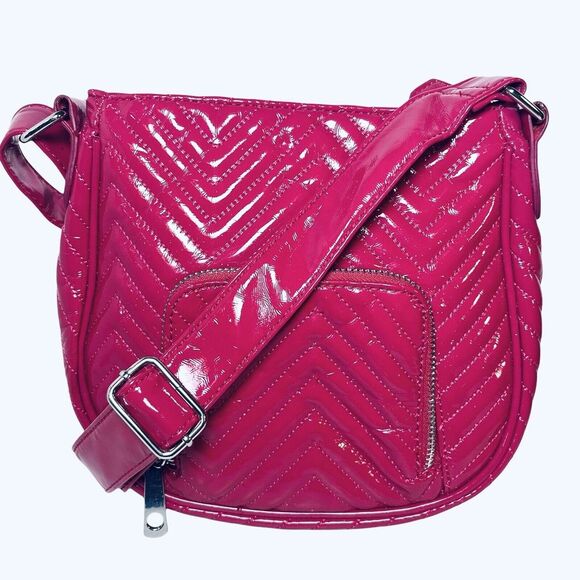 Big Buddha Crossbody Bag Shoulder Tote Bright Pink Faux Patent‎ Leather Chevron - Picture 1 of 16